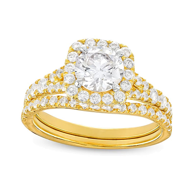 Braut-Set mit Labordiamanten 1,88 ct. Gesamtgewicht in Kissenschliff und rund, Vier-Krappen, 14K Gelbgold (I/SI2)