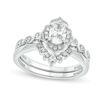 0,75 ct. Gesamtgewicht Braut-Set im Vintage-Stil mit ovalem Diamant-Rahmen in 14K Weißgold (I/I2)