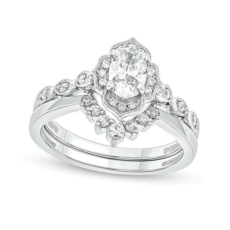 0,75 ct. Gesamtgewicht Braut-Set im Vintage-Stil mit ovalem Diamant-Rahmen in 14K Weißgold (I/I2)