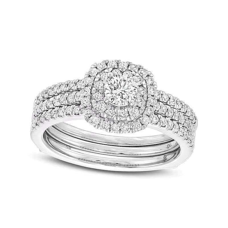 Braut-Set mit Diamanten 1.0 CT. Gesamtgewicht, doppelter Rahmen, mehrreihig, in 10K Weißgold