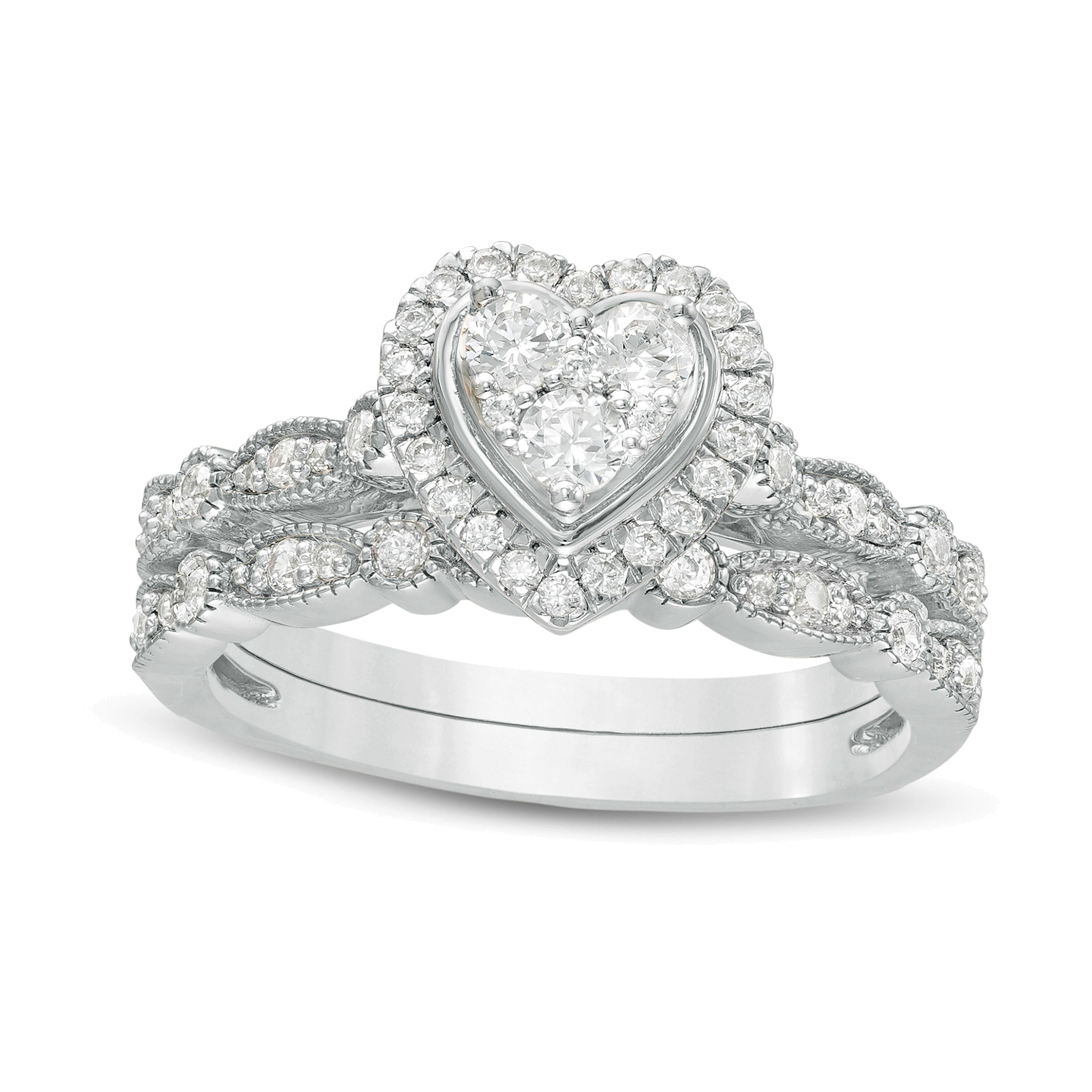 Brautset mit Diamanten 0.5 ct. Gesamtgewicht in Herz-, rund- und Marquise-Schliff, Vintage-Stil, 10K Weißgold