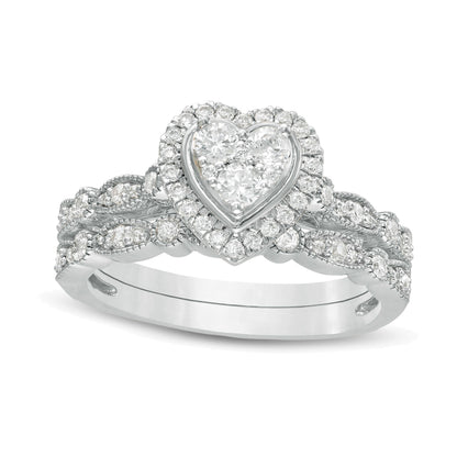 Brautset mit Diamanten 0.5 ct. Gesamtgewicht in Herz-, rund- und Marquise-Schliff, Vintage-Stil, 10K Weißgold