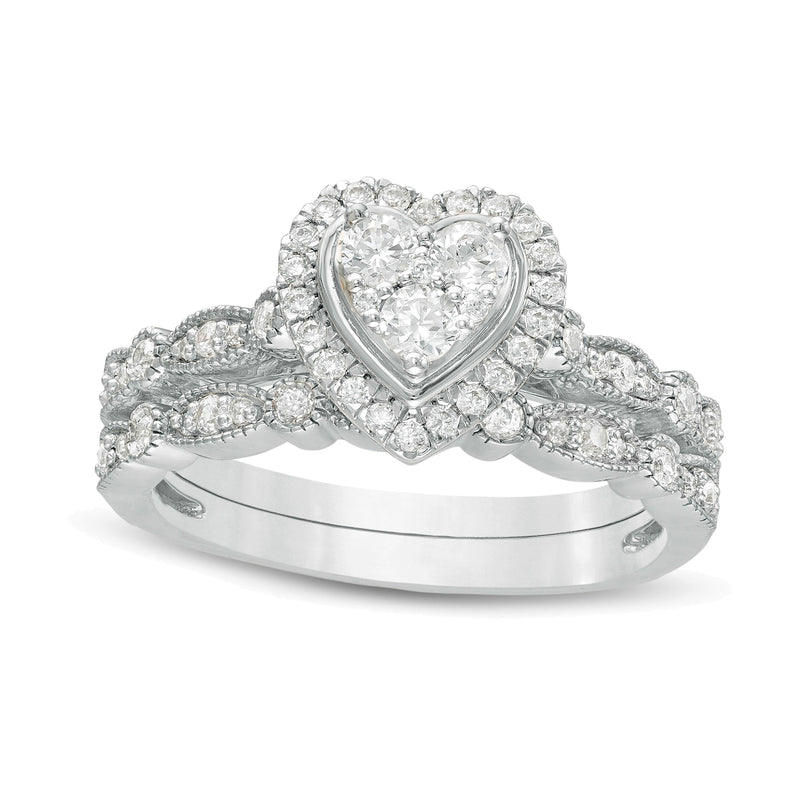 Brautset mit Diamanten 0.5 ct. Gesamtgewicht in Herz-, rund- und Marquise-Schliff, Vintage-Stil, 10K Weißgold