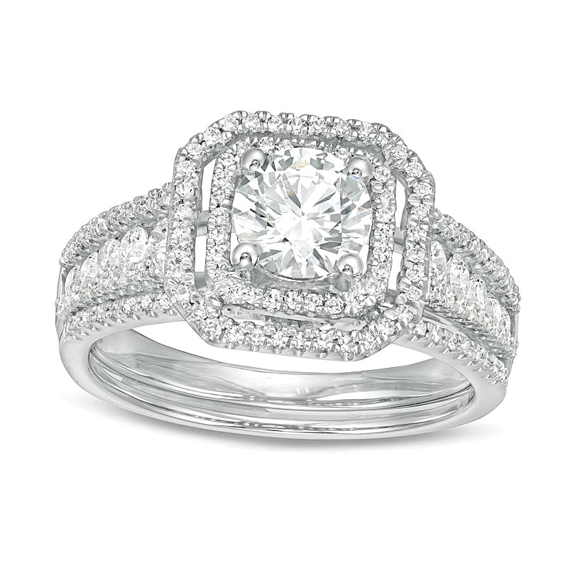 1.38 CT. Gesamtgewicht Diamant Brautset mit mehrreihigem Schaft und doppeltem achteckigem Rahmen in 14K Weißgold
