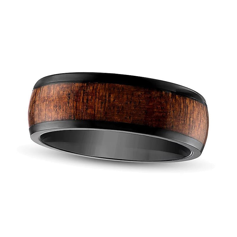 8.0mm Ring mit Holzeinlage und abgeschrägten Kanten aus schwarzem ionenbeschichtetem Wolfram