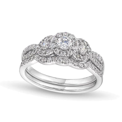 Diamant-Brautset Dreistein Halo 0,88 ct. Gesamtgewicht in 10K Weißgold