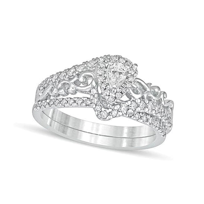 0.63 ct. Gesamtgewicht Braut-Set mit tropfenförmigen Diamanten und Bypass-Design in 10K Weißgold