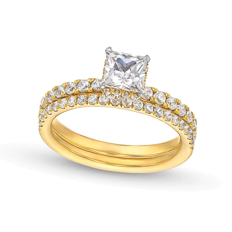 Braut-Set mit Princess- und rund geschliffenen Labordiamanten 1,75 ct. Gesamtgewicht in 14K Gelbgold (F/SI2)