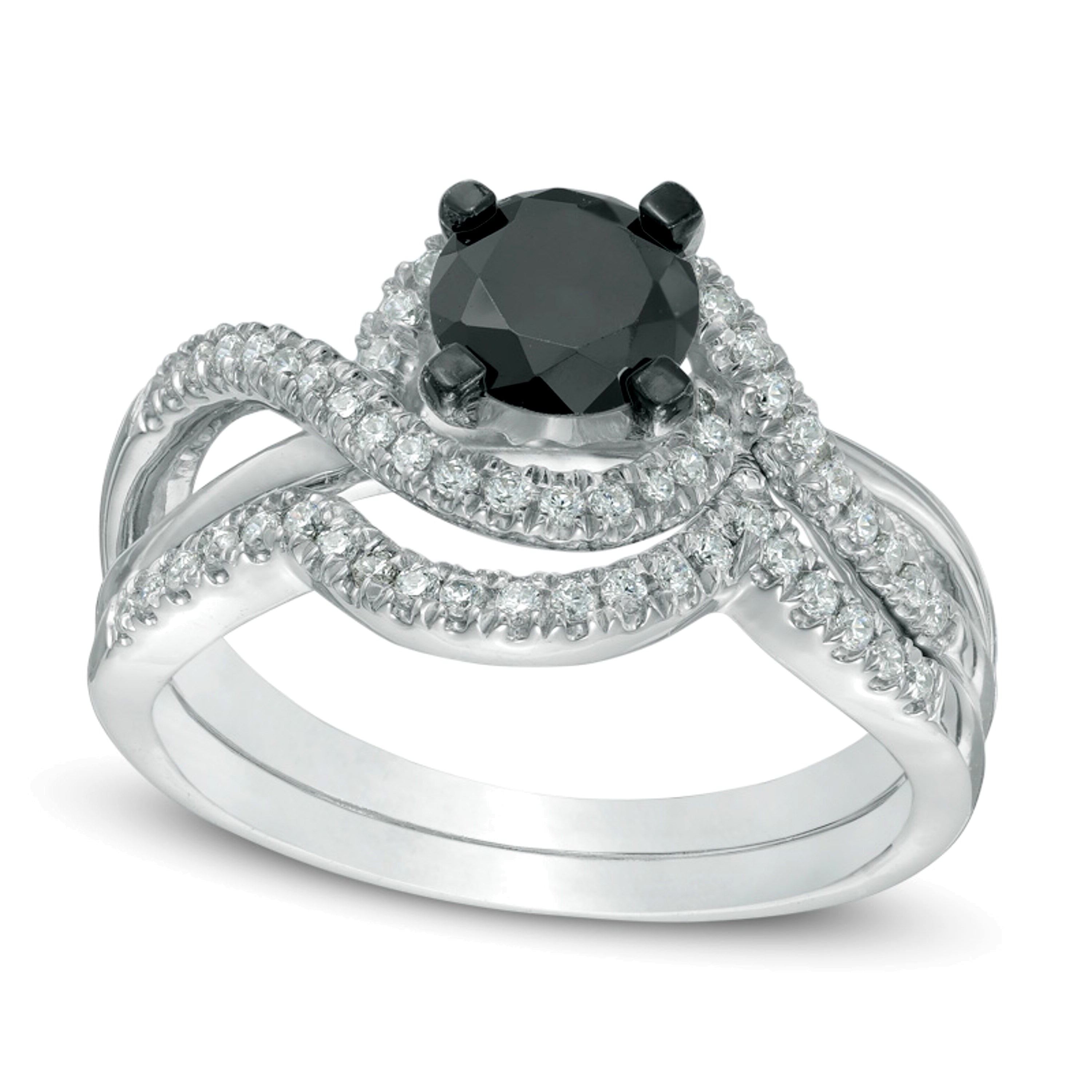 Braut-Set mit schwarzem und weißem Diamant 1,2 ct. Gesamtgewicht in 10K Weißgold