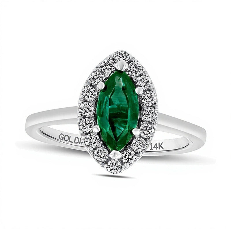 Ring mit Marquise-Smaragd und 0,25 ct. Gesamtgewicht Diamanten im Halo-Design in 14K Weißgold
