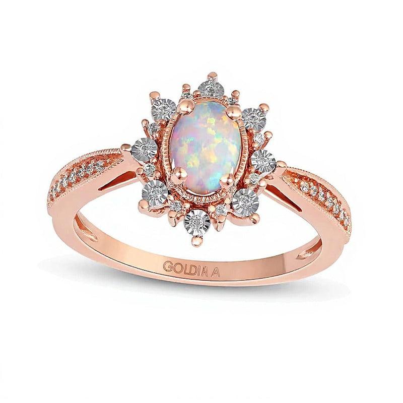 Vintage-Ring mit ovalem Opal und 0,1 ct. Gesamtgewicht Diamanten in 10K Roségold