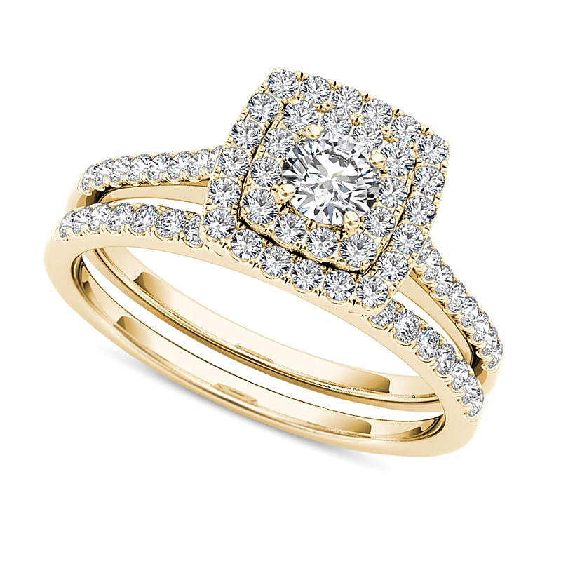 0.75 ct. Gesamtgewicht Diamant Brautset mit doppeltem Kissenschliff-Rahmen in 14K Gelbgold