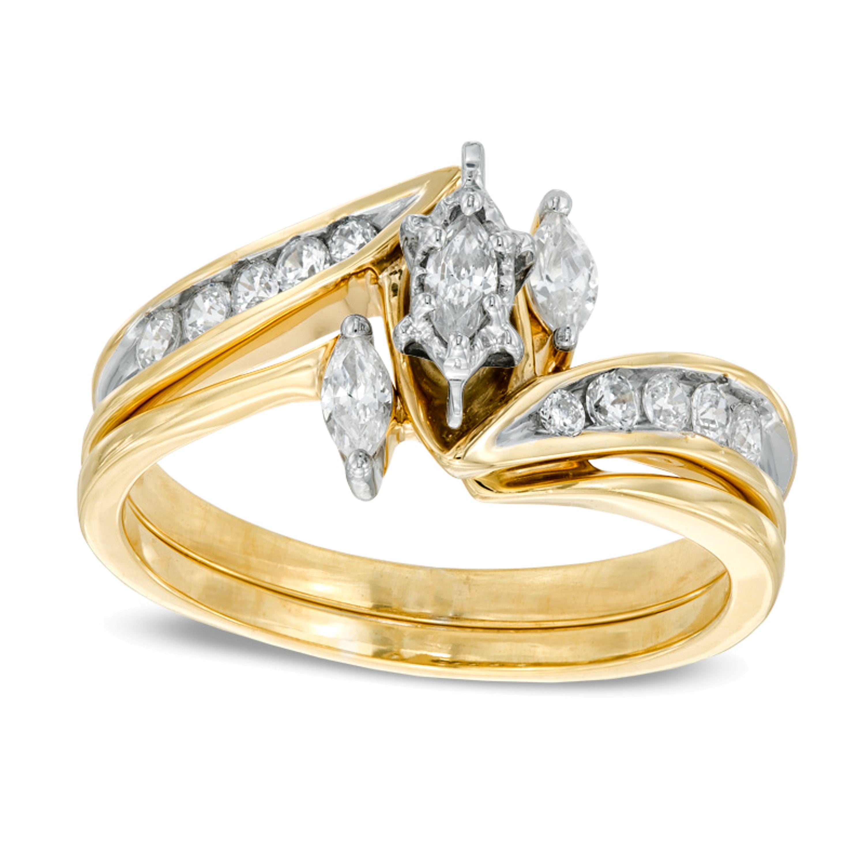 0.5 ct. Gesamtgewicht Dreistein-Brautset mit Diamanten im Marquise-Schliff in 10K Gelbgold