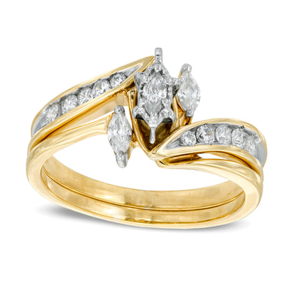 0.5 ct. Gesamtgewicht Dreistein-Brautset mit Diamanten im Marquise-Schliff in 10K Gelbgold