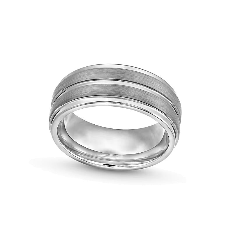 9,0 mm Ehering mit gerillter, gestufter Kante in weißem Tungsten für Damen
