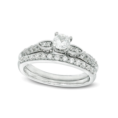 Braut-Set mit 4,0 mm im Labor gezüchtetem weißem Saphir und 0,2 ct. Gesamtgewicht Diamanten in 10K Weißgold