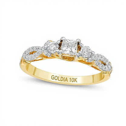 0.38 ct. Gesamtgewicht Diamant-Verlobungsring Dreistein im Princess-Schliff mit Crossover-Ringschiene in 10K Gelbgold