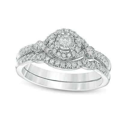 0.33 ct. Gesamtgewicht Diamant Braut-Set mit Halo und gedrehter Schiene in 10K Weißgold