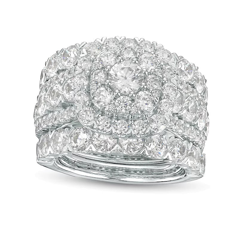 5.0 ct. Gesamtgewicht Diamant-Brautset dreiteilig mehrreihig mit Kissenschliff-Rahmen in 14K Weißgold (I/I2)