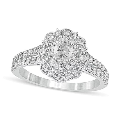 Verlobungsring im Vintage-Stil mit ovalem Diamant und Halo, 1.0 ct. Gesamtgewicht, 14K Weißgold