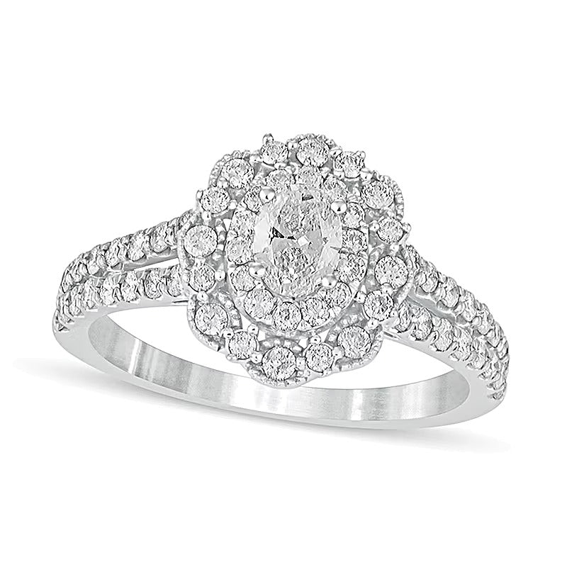 Verlobungsring im Vintage-Stil mit ovalem Diamant und Halo, 1.0 ct. Gesamtgewicht, 14K Weißgold