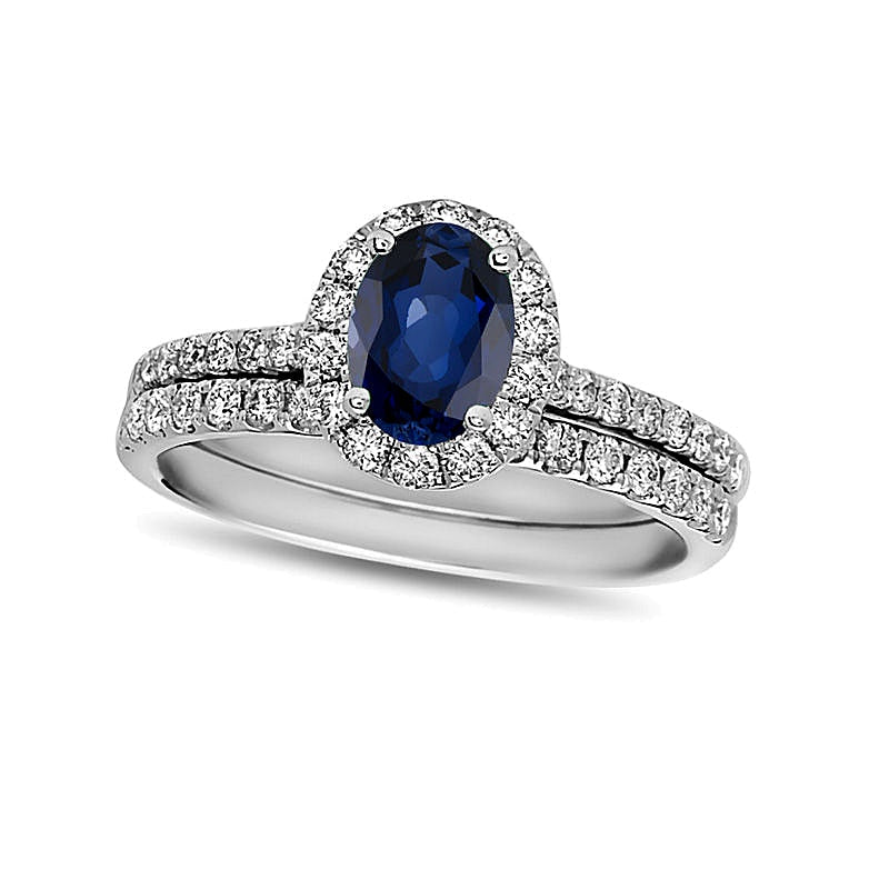 Braut-Set mit ovalem blauem Saphir und Diamanten 0,63 ct. Gesamtgewicht in 14K Weißgold