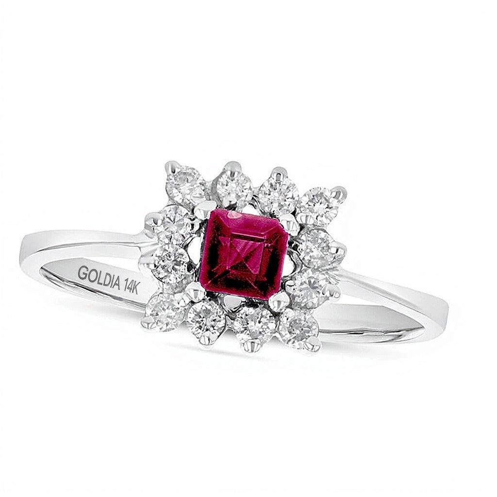 Ring mit Rubin im Princess-Schliff 4,0 mm und Diamanten 0,25 ct. Gesamtgewicht in 14K Weißgold