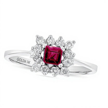 Ring mit Rubin im Princess-Schliff 4,0 mm und Diamanten 0,25 ct. Gesamtgewicht in 14K Weißgold