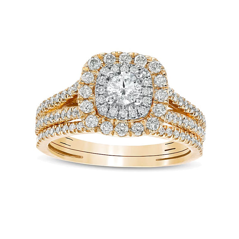 Braut-Set mit Diamanten 1.0 ct. Gesamtgewicht, rund & Kissenschliff, mehrreihig, in 10K Gelbgold