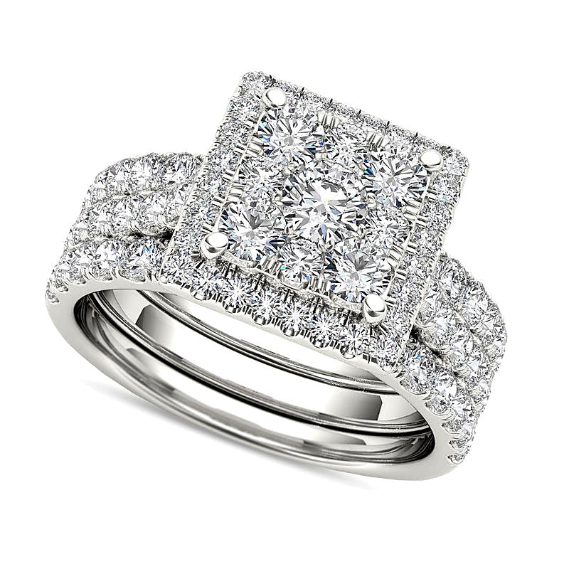 Brautset mit Diamanten im rund- und quadratischen Kompositrahmen 2.0 ct. Gesamtgewicht in 14K Weißgold