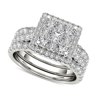 Brautset mit Diamanten im rund- und quadratischen Kompositrahmen 2.0 ct. Gesamtgewicht in 14K Weißgold