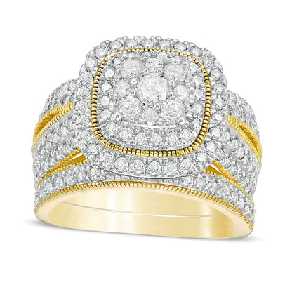 1,33 ct. Gesamtgewicht Diamant-Brautset im Vintage-Stil mit Kissenschliff-Rahmen in 10K Gelbgold