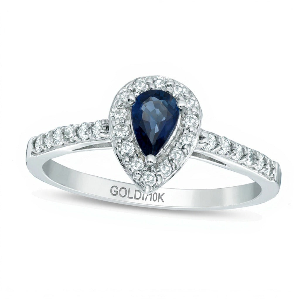 Verlobungsring mit tropfenförmigem blauem Saphir und 0,25 ct. Gesamtgewicht Diamanten in 10K Weißgold