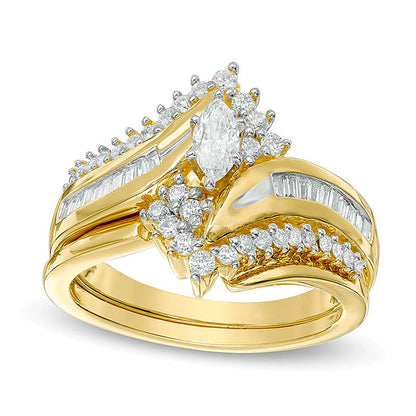 0,75 ct. Gesamtgewicht Braut-Set mit Diamanten im Marquise- und Baguette-Schliff in 14K Gelbgold