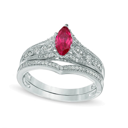 Braut-Set mit Rubin im Marquise-Schliff und Diamanten mit 0,2 ct. Gesamtgewicht im Vintage-Stil in 10K Weißgold
