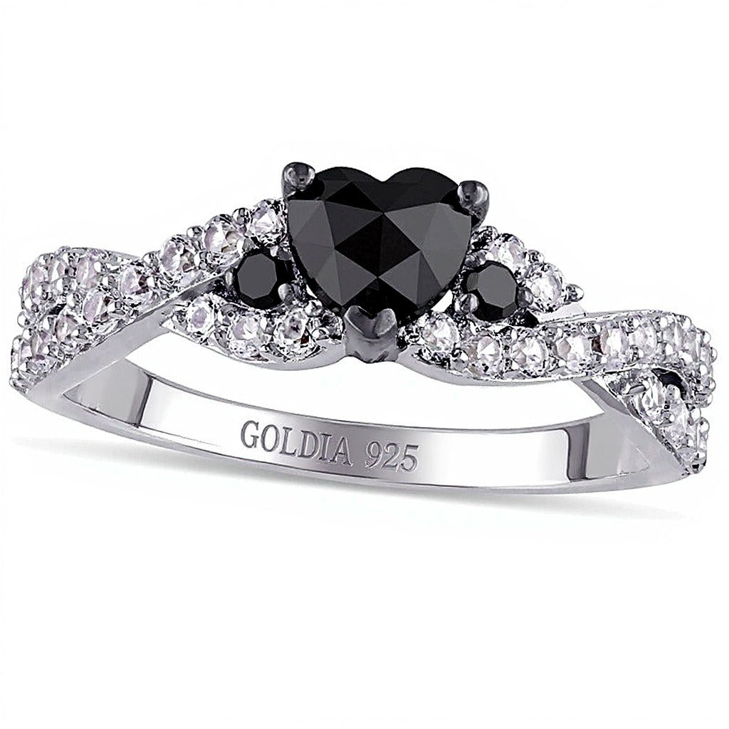 0,5 ct. Gesamtgewicht behandelter schwarzer Diamant im Herz-Schliff und Labor-Saphir Fashion-Ring in rhodiniertem Sterlingsilber