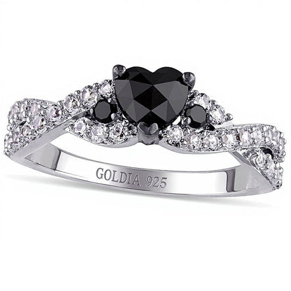 0,5 ct. Gesamtgewicht behandelter schwarzer Diamant im Herz-Schliff und Labor-Saphir Fashion-Ring in rhodiniertem Sterlingsilber