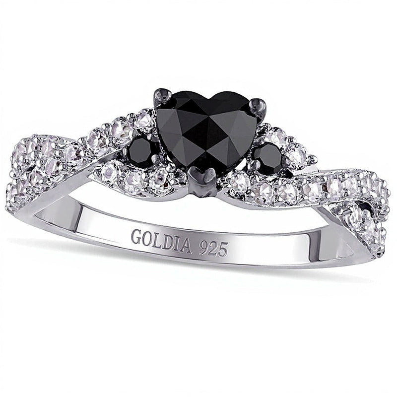 0,5 ct. Gesamtgewicht behandelter schwarzer Diamant im Herz-Schliff und Labor-Saphir Fashion-Ring in rhodiniertem Sterlingsilber