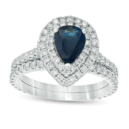 Braut-Set mit blauem Saphir im Tropfen und 1.0 ct. Gesamtgewicht Diamanten mit doppeltem Rahmen in 14K Weißgold