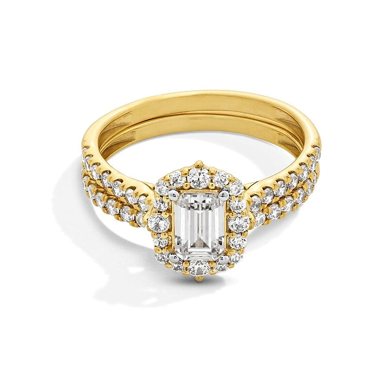 Braut-Set mit Diamanten im Smaragdschliff 1.5 ct. Gesamtgewicht und Kissenschliff-Halo in 14K Gelbgold
