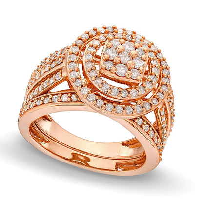 Braut-Set 1.0 ct. Gesamtgewicht mit weißen Diamanten im Kissenschliff und Rundschliff, dreireihiger geteilter Schiene, in 10K Roségold