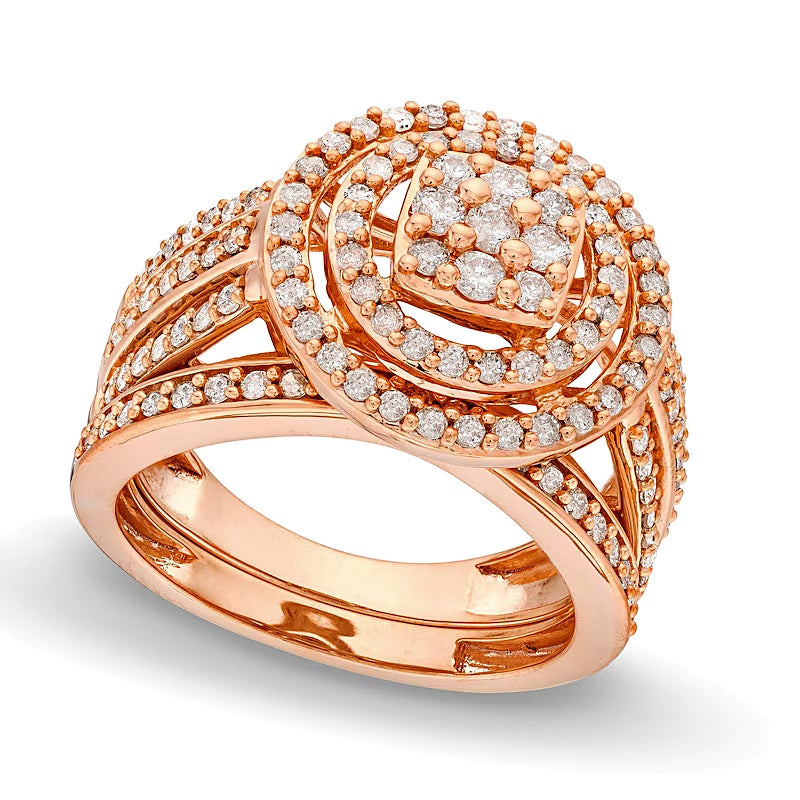Braut-Set 1.0 ct. Gesamtgewicht mit weißen Diamanten im Kissenschliff und Rundschliff, dreireihiger geteilter Schiene, in 10K Roségold
