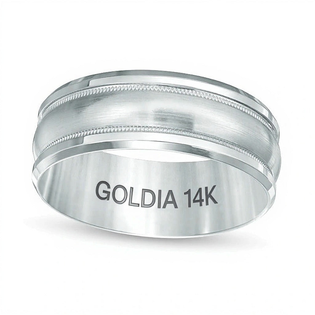 8,0 mm Ehering mit satiniertem Zentrum, Milgrain und Komfortschliff in 14K Weißgold