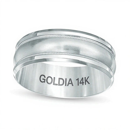 8,0 mm Ehering mit satiniertem Zentrum, Milgrain und Komfortschliff in 14K Weißgold