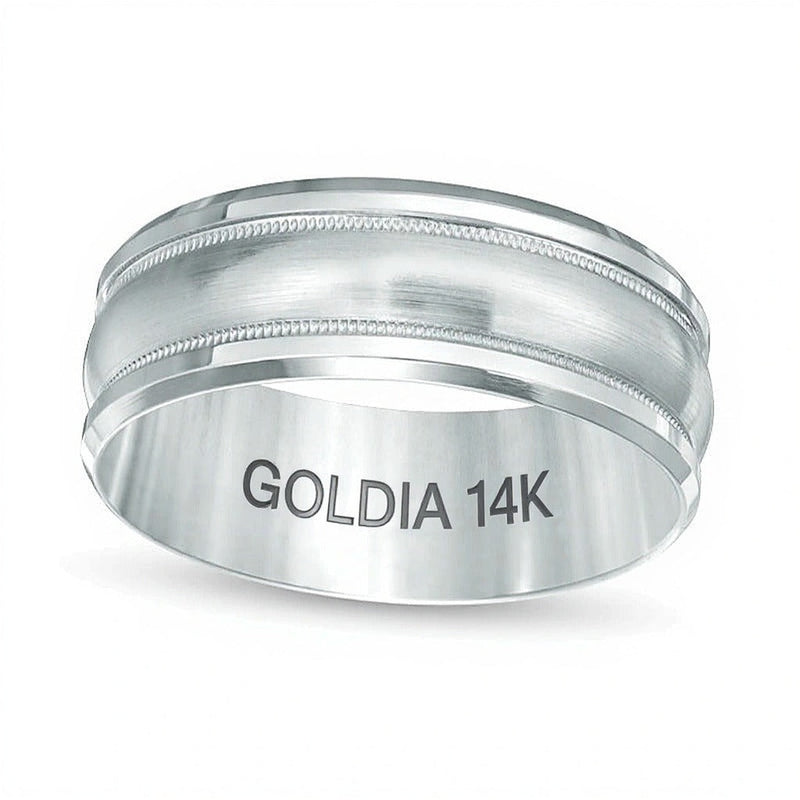8,0 mm Ehering mit satiniertem Zentrum, Milgrain und Komfortschliff in 14K Weißgold
