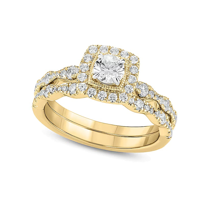 1.0 CT. Gesamtgewicht Diamant Braut-Set im Art-déco-Vintage-Stil mit Kissenschliff-Rahmen in 10K Gelbgold