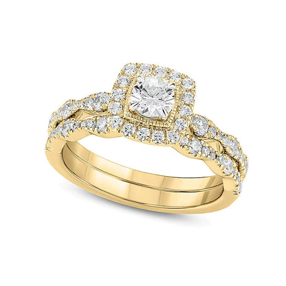 1.0 CT. Gesamtgewicht Diamant Braut-Set im Art-déco-Vintage-Stil mit Kissenschliff-Rahmen in 10K Gelbgold