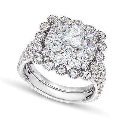 2.75 CT. Gesamtgewicht Diamant-Brautset im Vintage-Stil mit Kissenschliff und Bubble-Rahmen in 10K Weißgold