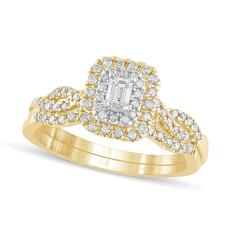 Braut-Set mit Diamanten im Smaragdschliff, mehrreihig mit doppeltem Rahmen, 0,5 ct. Gesamtgewicht in 10K Gelbgold