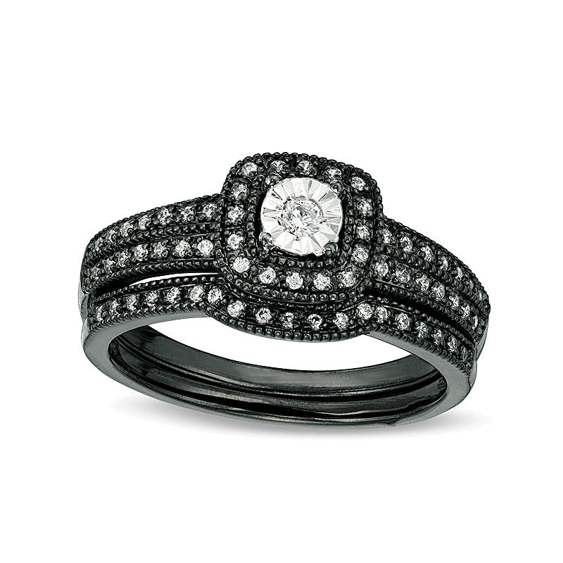0.2 ct. Gesamtgewicht Diamant Brautset im Vintage-Stil mit Kissenschliff-Rahmen in 10K Weißgold mit schwarzem Rhodium
